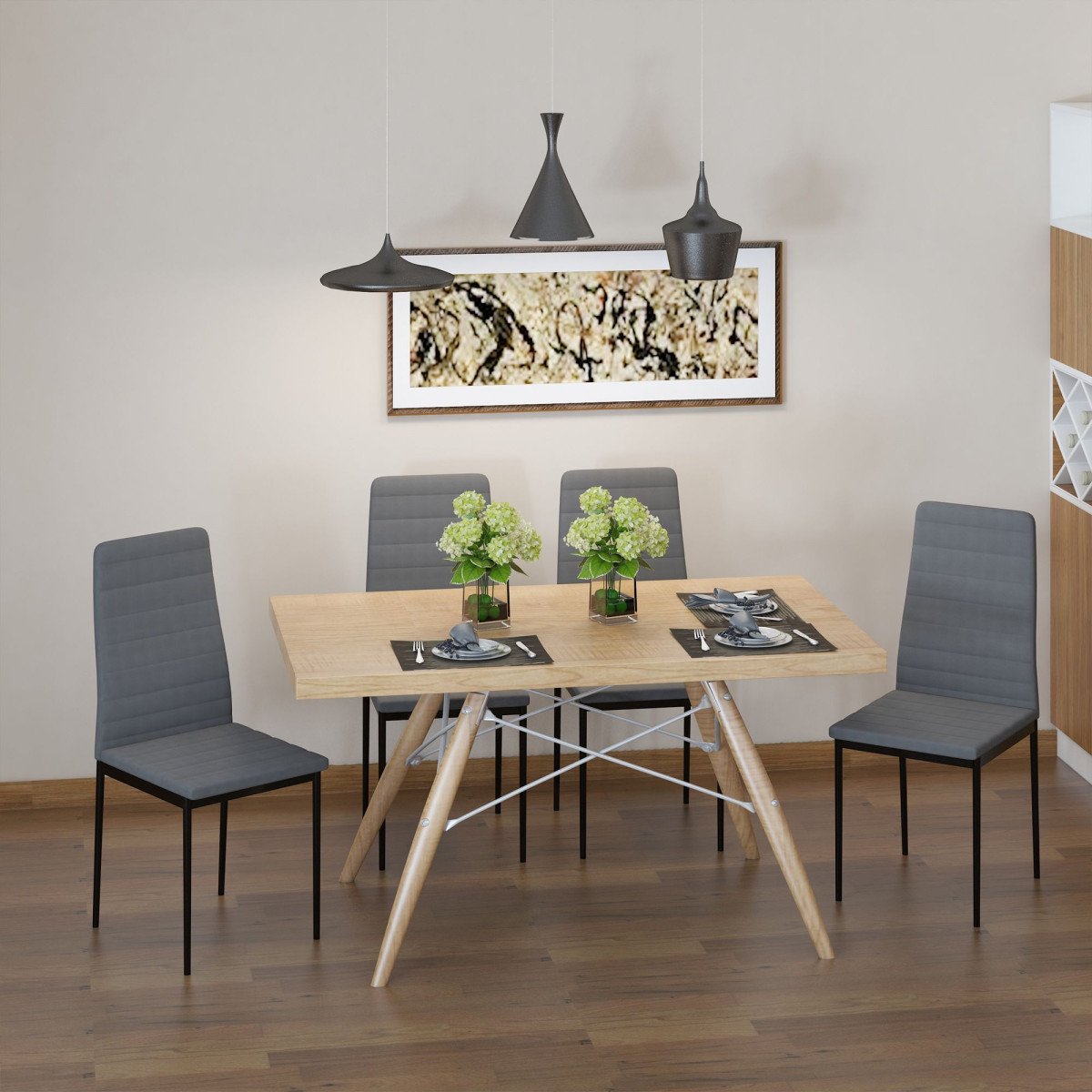 Modern Dining Chairs Set of 4, Upholstered Linen Fabric Kitchen Chairs with Channel Tufting and Metal Legs for Living Room, Dining Room, Bedroom, Grey