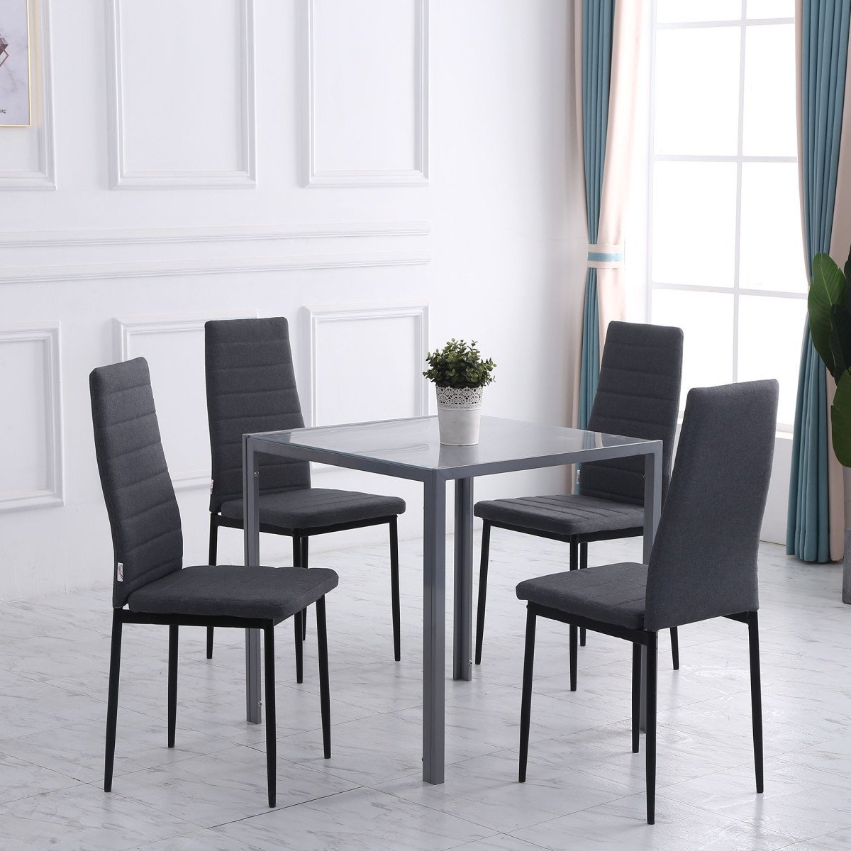Modern Dining Chairs Set of 4, Upholstered Linen Fabric Kitchen Chairs with Channel Tufting and Metal Legs for Living Room, Dining Room, Bedroom, Grey