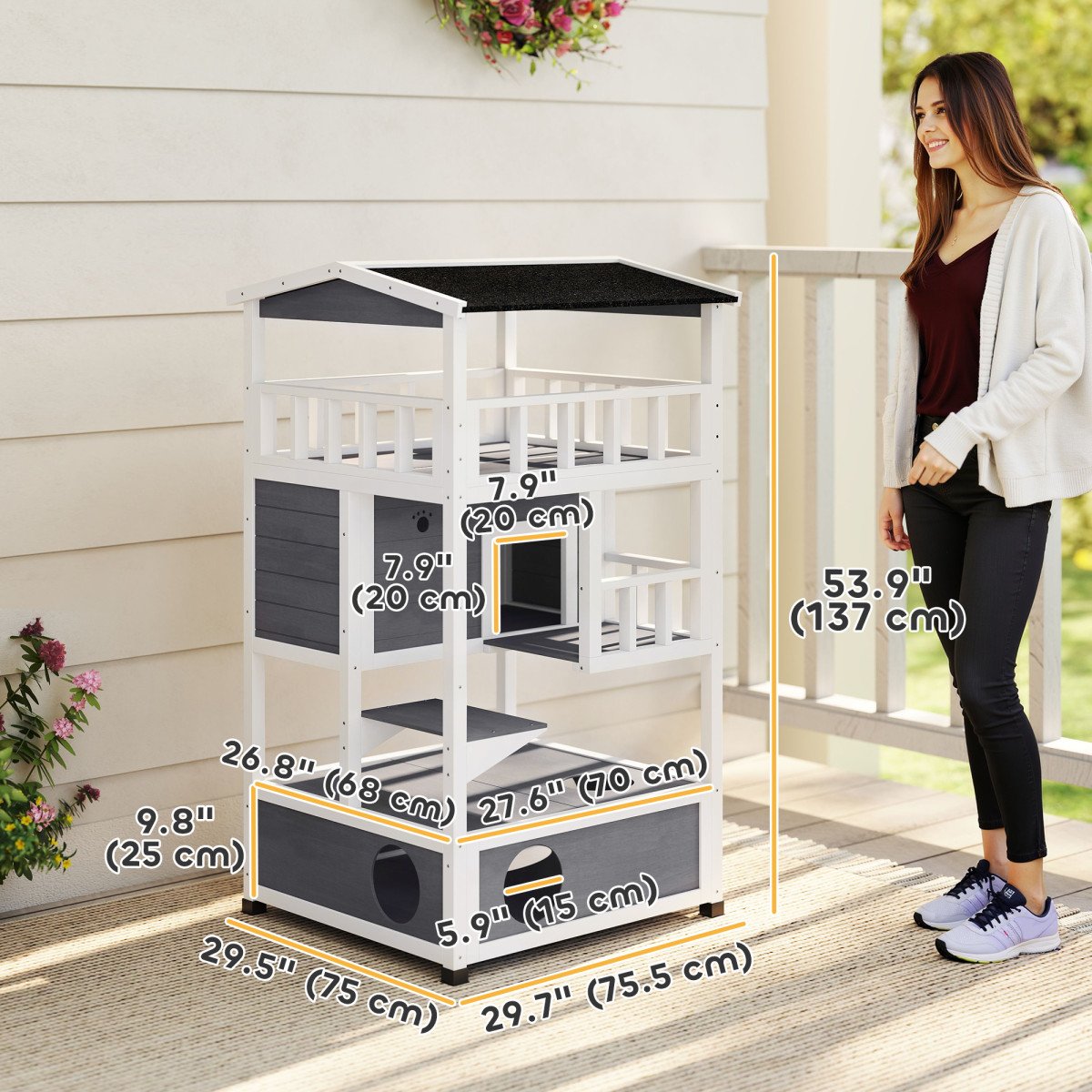 4-Floor Wood Outdoor Cat House Catio for Cats with Condo, Fun Entrances, Perch, Grey