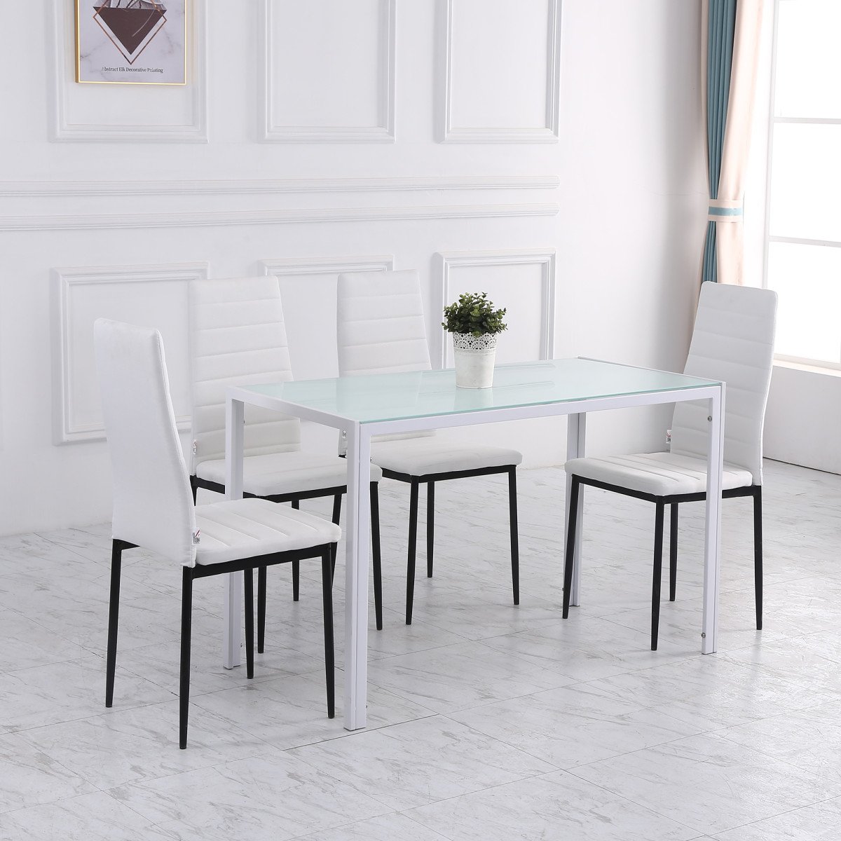 High Back Dining Chairs, Modern Upholstered Linen Fabric Accent Chairs with Metal Legs for Kitchen, Set of 4, White