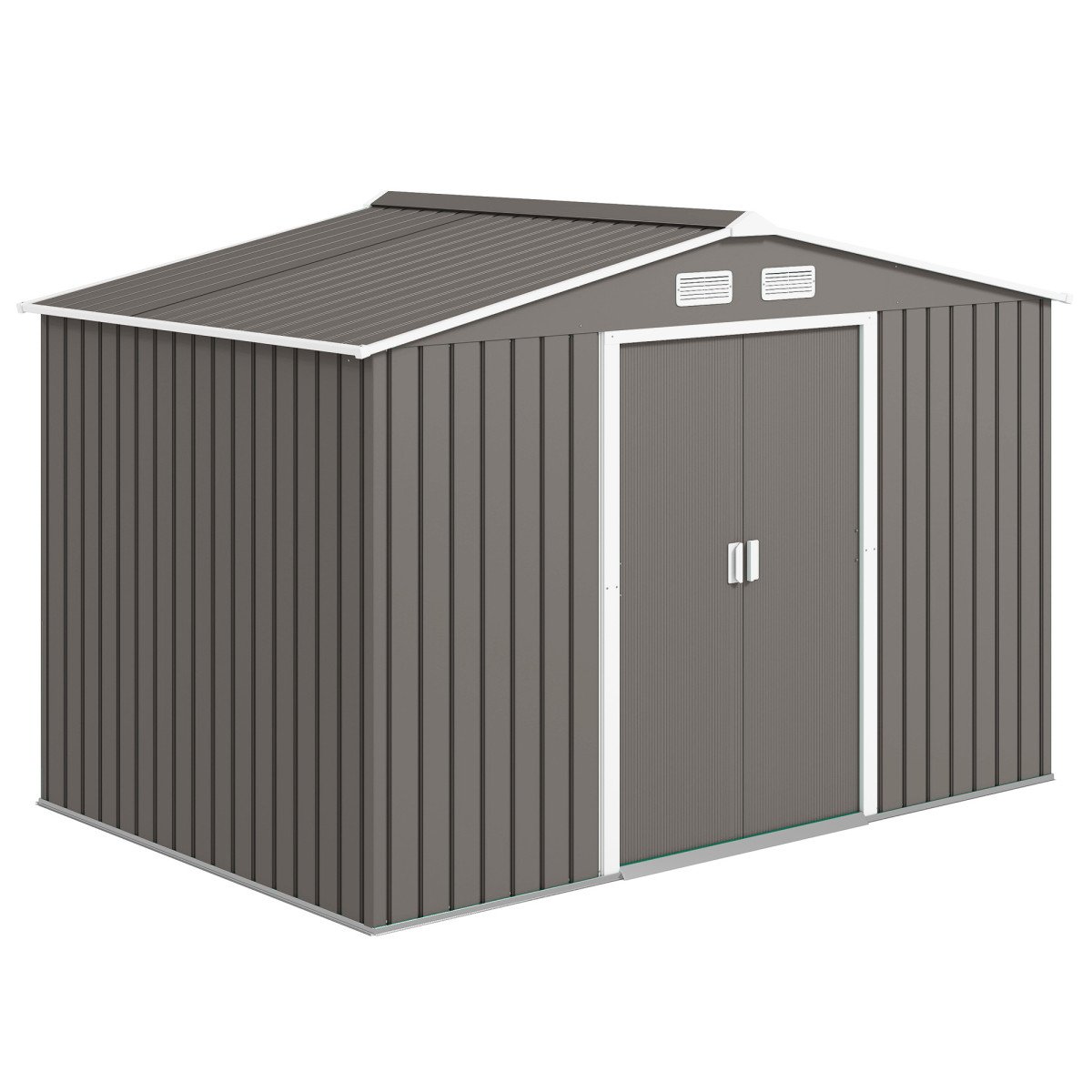 9x6 Galvanized Steel Ventilated Garden Storage Shed with Double Doors, Foundation Kit, Grey