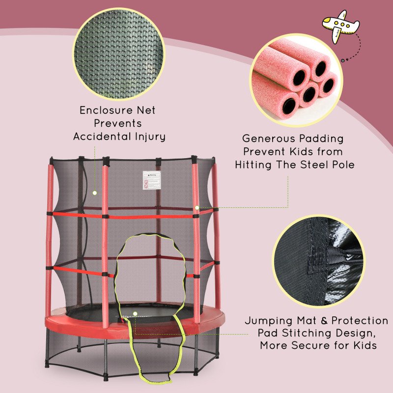 55" Kids Trampoline with Enclosure Net for Indoor/Outdoor, Trampoline for Boys and Girls Age 3-6 Years, Red
