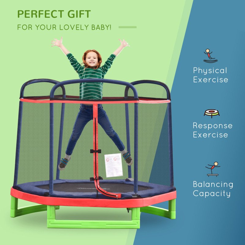 84.75" Kids Trampoline 7 FT Indoor Outdoor Trampolines with Safety Net Enclosure Built-in Zipper Padded Covering, for Boys and Girls, Red
