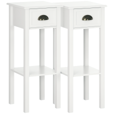 2 Tier Side Table, Set of 2, Narrow Tall End Table with Drawer and Shelf, Slim Wooden Nightstand for Living Room, Bedroom, Hallway, White