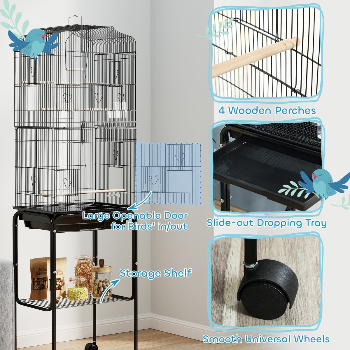 62" Rolling Bird Cage Cockatoo House Play Top Finch Pet Supply with Storage Shelf, Wheels - Black