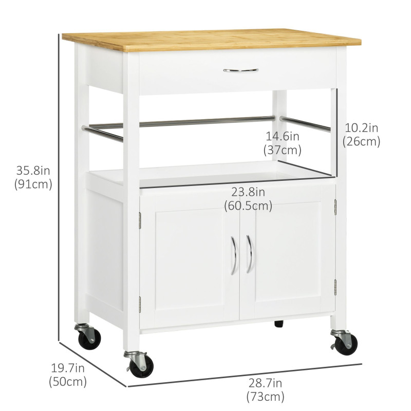 Kitchen Cart, Utility Trolley, Small Kitchen Island with Storage Drawer & Side Hooks for Dining Room, White