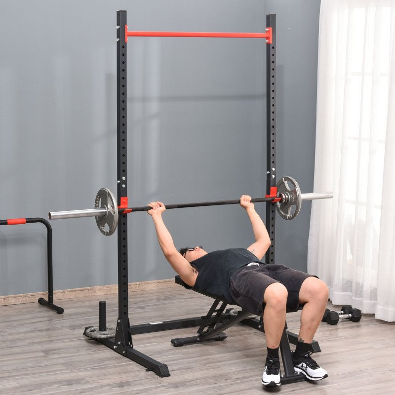 Soozier Adjustable Barbell Power Rack Squat Stand Strength Training Fitness Pull Up Weight Cage Home Gym Black