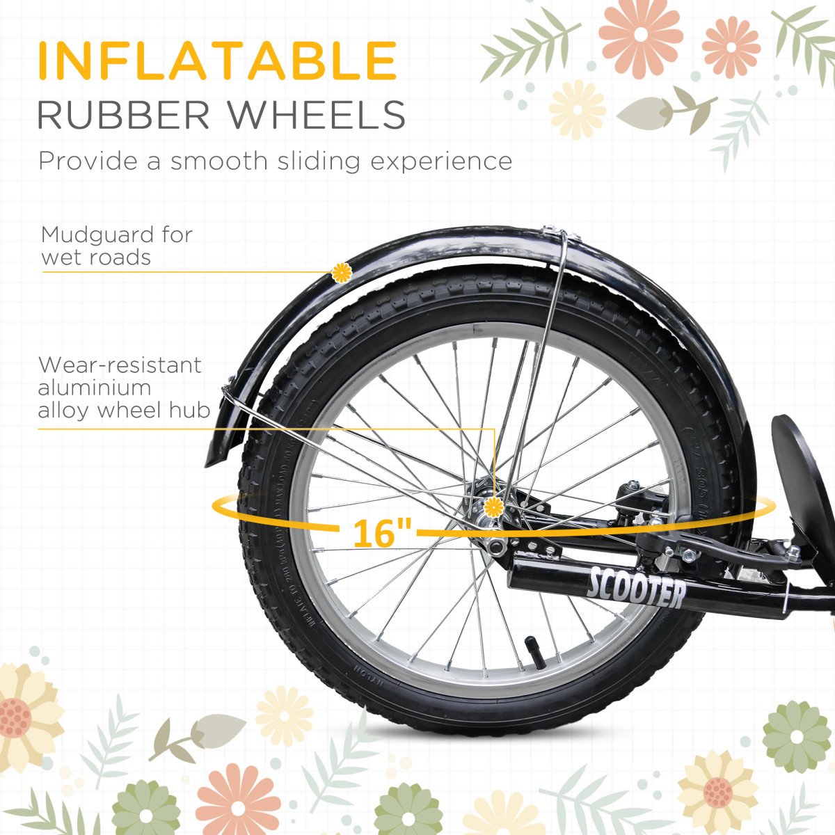 Aosom Kick Scooter with Adjustable Handlebar, Kids Scooter with 2 Brakes Basket Cupholder 16" Inflatable Rubber Tyres Orange