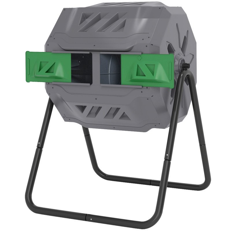 Tumbling Compost Bin Outdoor Dual Chamber 360° Rotating Composter 43 Gallon with Sliding Doors, Dark Green