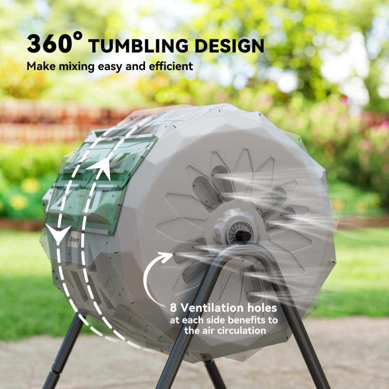 Tumbling Compost Bin Outdoor Dual Chamber 360° Rotating Composter 43 Gallon with Sliding Doors, Dark Green