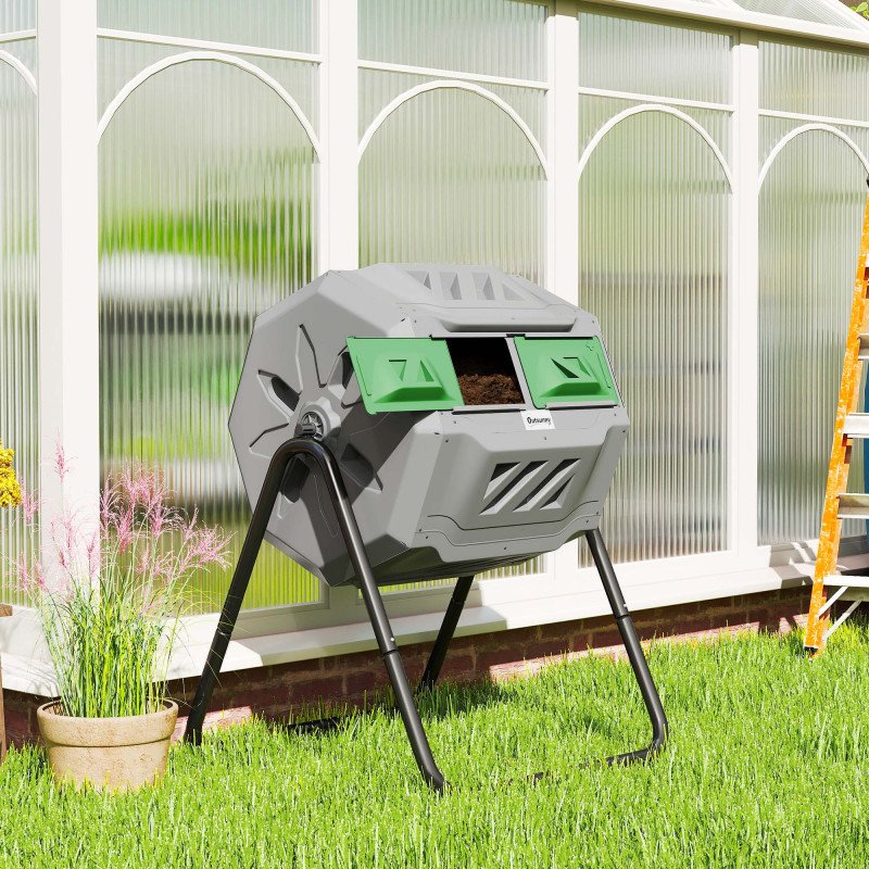 Tumbling Compost Bin Outdoor Dual Chamber 360° Rotating Composter 43 Gallon with Sliding Doors, Dark Green