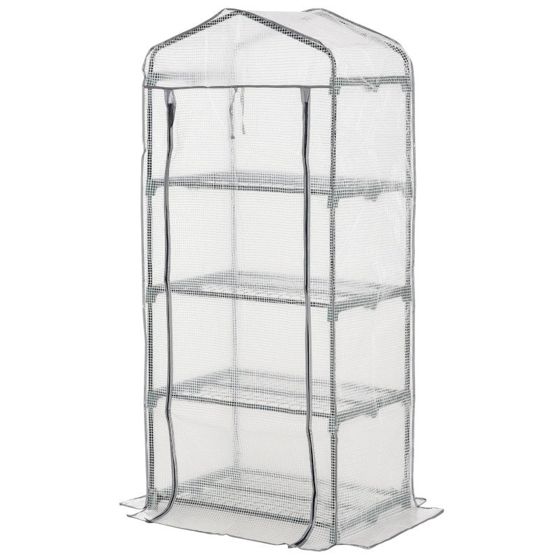 Portable Greenhouse Outdoor Hot House with 4 Tier Shelves, Steel Frame, PE Cover, 28" x 20" x 63" , White
