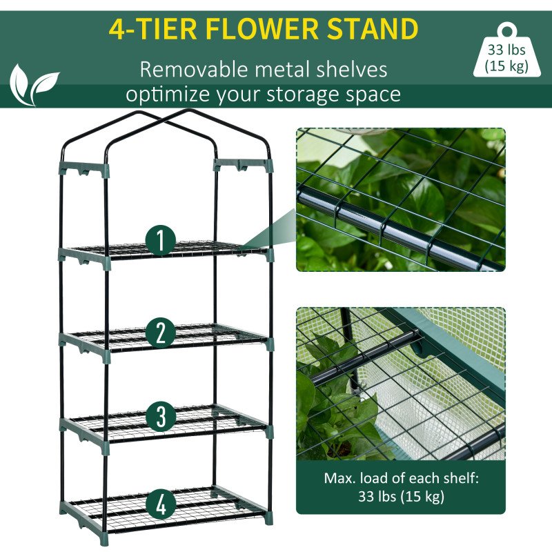 Portable Greenhouse Outdoor Hot House with 4 Tier Shelves, Steel Frame, PE Cover, 28" x 20" x 63" , White