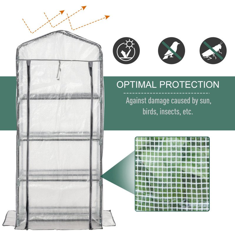 Portable Greenhouse Outdoor Hot House with 4 Tier Shelves, Steel Frame, PE Cover, 28" x 20" x 63" , White