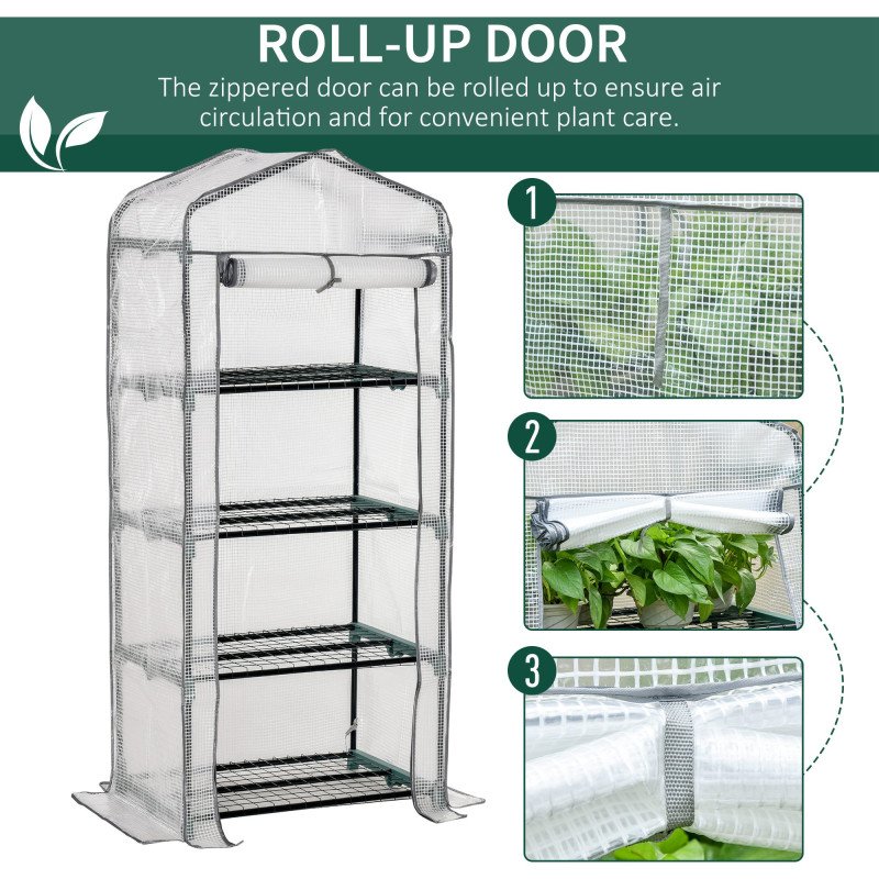 Portable Greenhouse Outdoor Hot House with 4 Tier Shelves, Steel Frame, PE Cover, 28" x 20" x 63" , White
