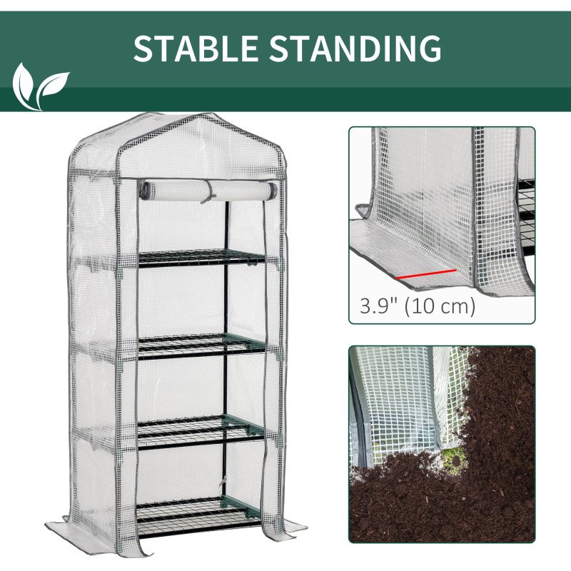 Portable Greenhouse Outdoor Hot House with 4 Tier Shelves, Steel Frame, PE Cover, 28" x 20" x 63" , White