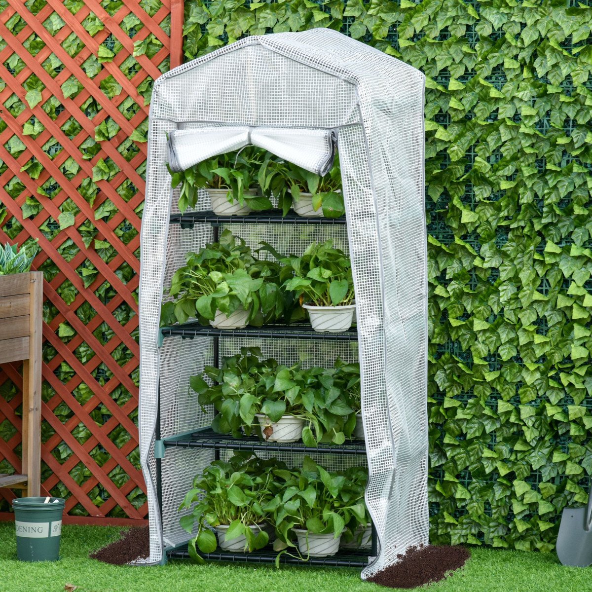 Portable Greenhouse Outdoor Hot House with 4 Tier Shelves, Steel Frame, PE Cover, 28" x 20" x 63" , White