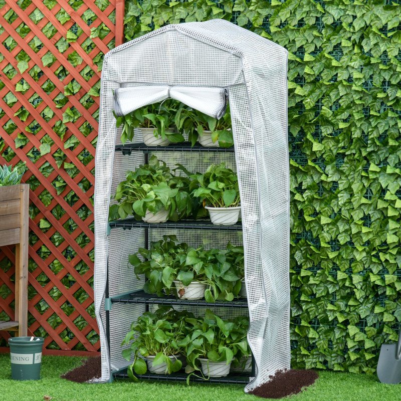 Portable Greenhouse Outdoor Hot House with 4 Tier Shelves, Steel Frame, PE Cover, 28" x 20" x 63" , White