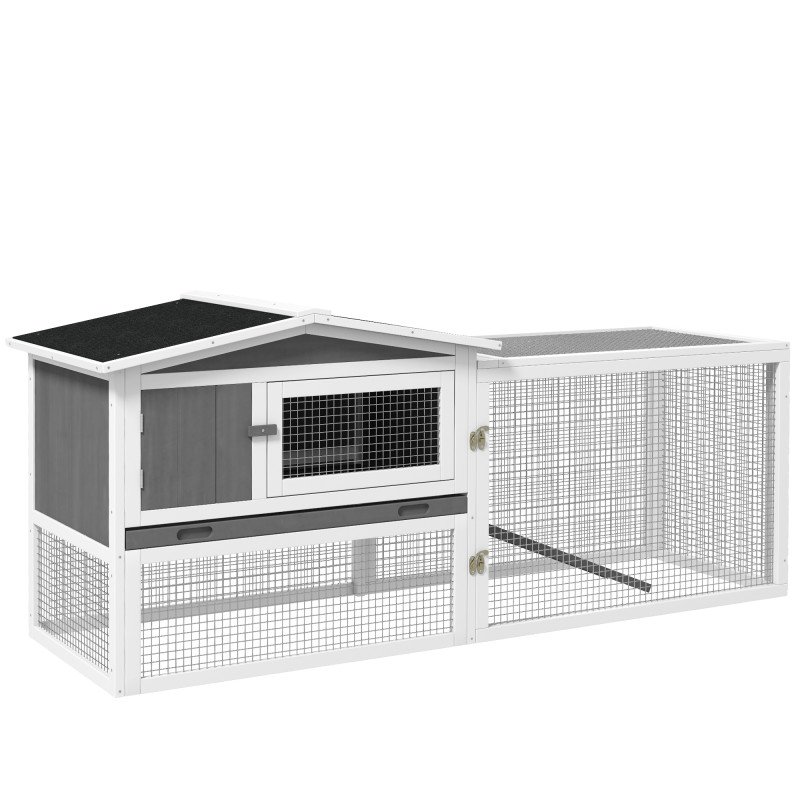 Wooden Rabbit Hutch Guinea Pig House with Removable Tray, Openable Roof, Trough, Run for Tortoises and Ferrets, Grey