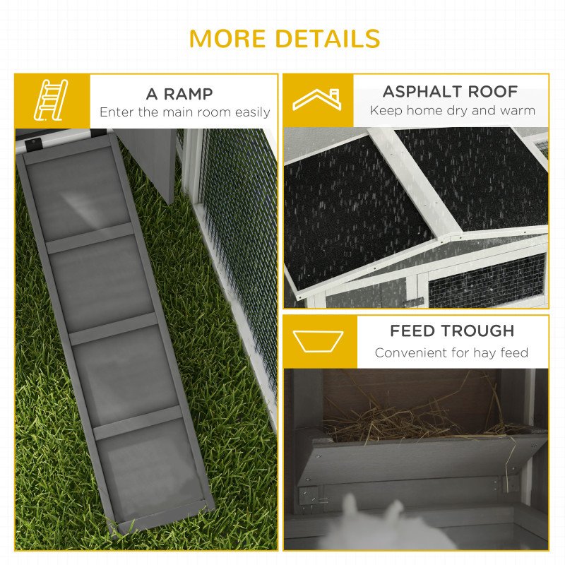 Wooden Rabbit Hutch Guinea Pig House with Removable Tray, Openable Roof, Trough, Run for Tortoises and Ferrets, Grey