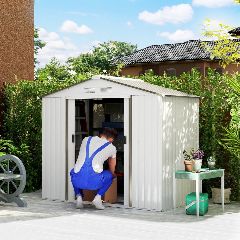 7'x 4'x 6' Garden Tool Shed Metal Storage Shed w/ Foundation Kit and Double Doors Silver