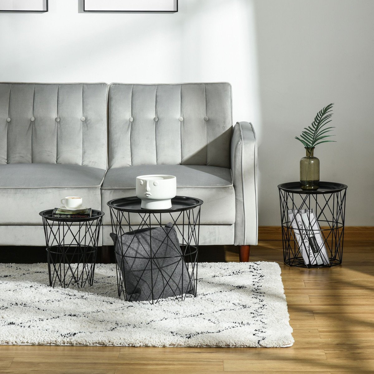 Set of 3 Nesting Coffee Tables with Storage, Round End Table with Removable Tray, Basket Side Tables with Metal Frame for Living Room, Black