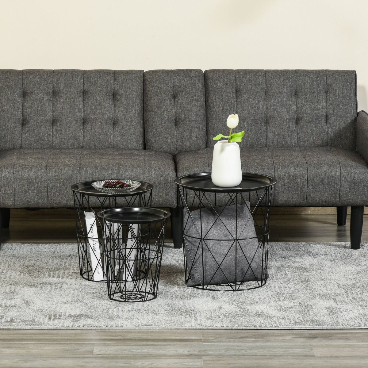 Set of 3 Nesting Coffee Tables with Storage, Round End Table with Removable Tray, Basket Side Tables with Metal Frame for Living Room, Black