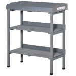 Outdoor Garden Wooden Potting Bench Work Station Table Tool Storage Shelf w/ Hooks, Grey