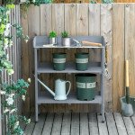 Outdoor Garden Wooden Potting Bench Work Station Table Tool Storage Shelf w/ Hooks, Grey