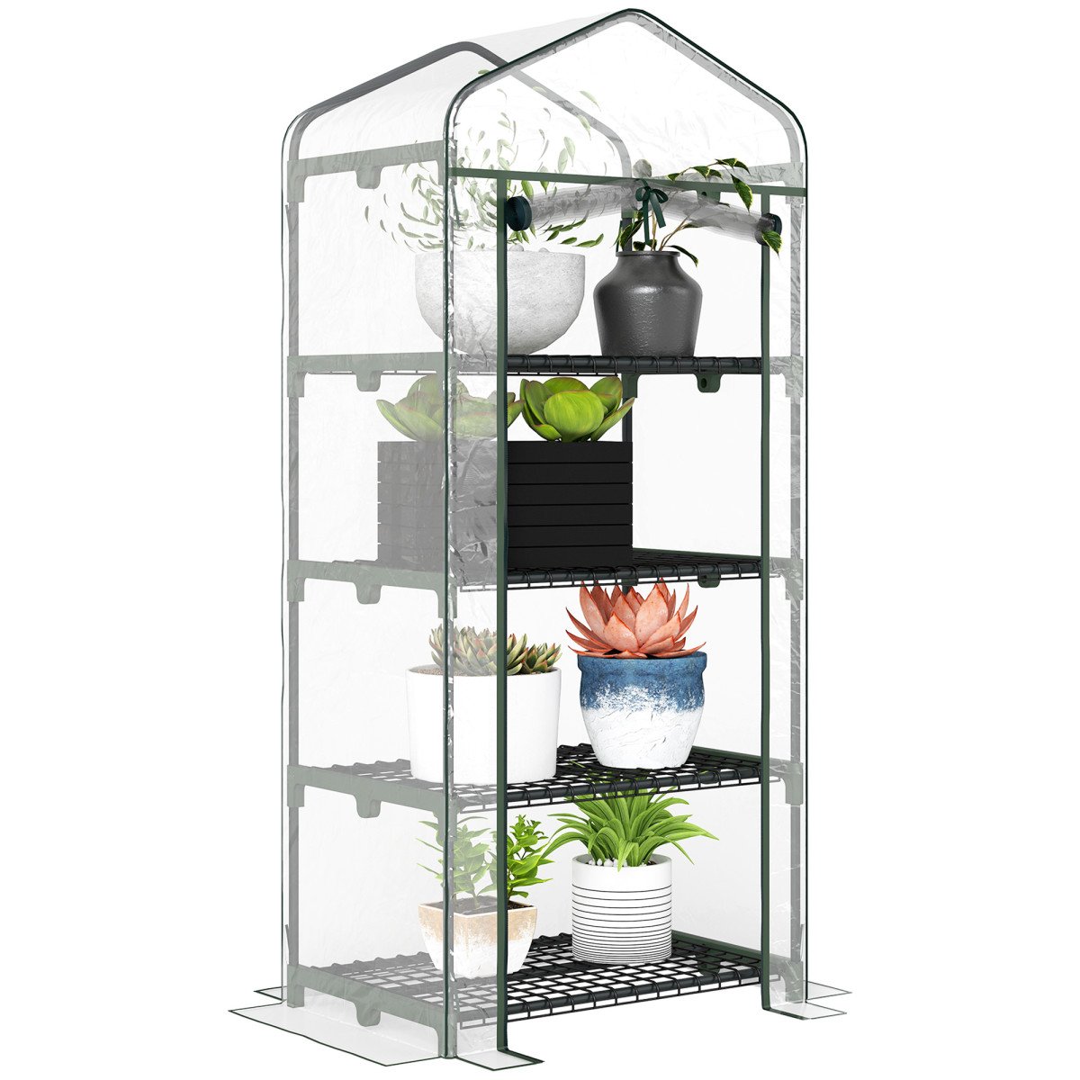 Portable Greenhouse with 4 Tier Shelves Outdoor Hot House, Steel Frame, PVC Cover, 28" x 20" x 63", Transparent