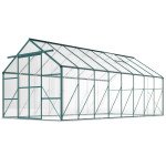 16' x 8' Aluminum Polycarbonate Greenhouse Walk-in Garden Greenhouse Kit with Adjustable Roof Vent, Rain Gutter and Sliding Door for Winter, Green