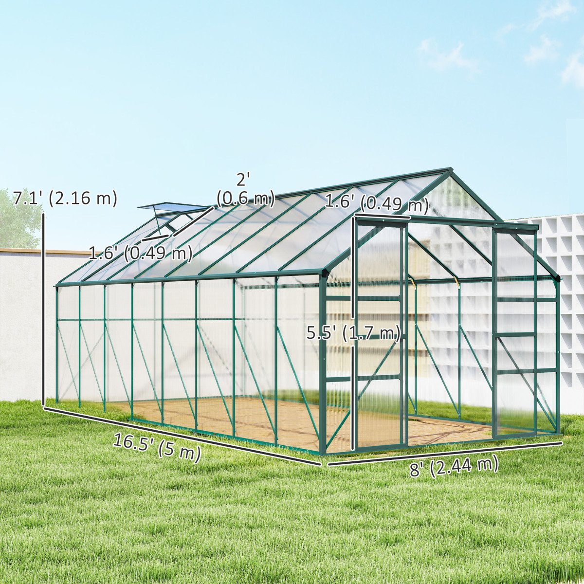 16' x 8' Aluminum Polycarbonate Greenhouse Walk-in Garden Greenhouse Kit with Adjustable Roof Vent, Rain Gutter and Sliding Door for Winter, Green