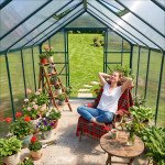 16' x 8' Aluminum Polycarbonate Greenhouse Walk-in Garden Greenhouse Kit with Adjustable Roof Vent, Rain Gutter and Sliding Door for Winter, Green