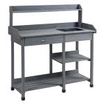 Potting Bench Table Garden Work Bench Workstation with Drawer, Removable Sink, Storage Shelves and Hooks for Patio, Courtyards, Balcony