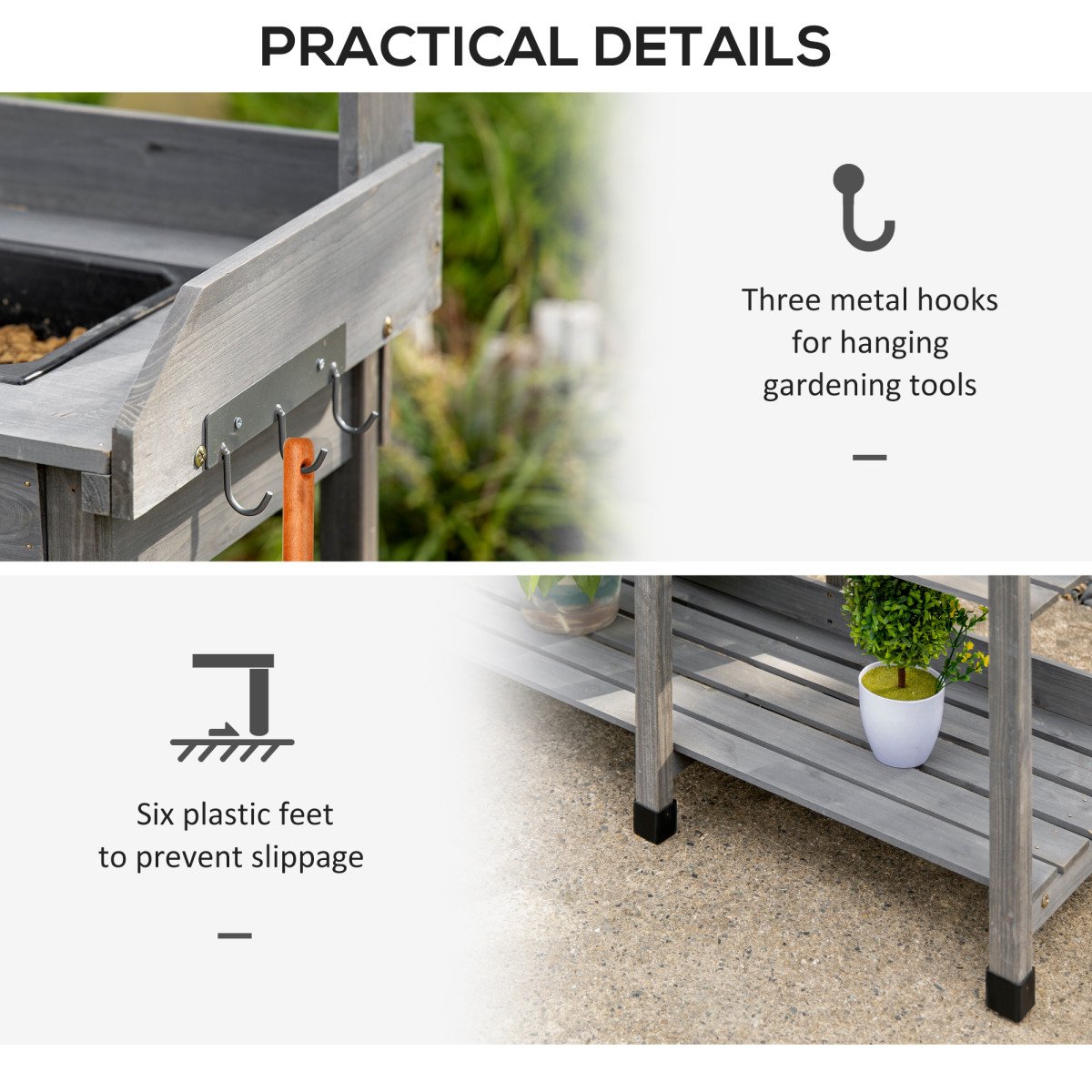 Potting Bench Table Garden Work Bench Workstation with Drawer, Removable Sink, Storage Shelves and Hooks for Patio, Courtyards, Balcony