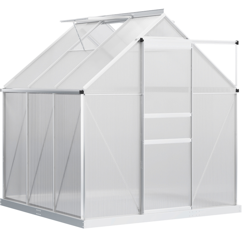 6' x 6' x 6.5' Polycarbonate Greenhouse, Walk-in Green House with Adjustable Roof Vent, Galvanized Base, Sliding Door and Rain Gutter for Outdoor, Garden, Backyard, Clear