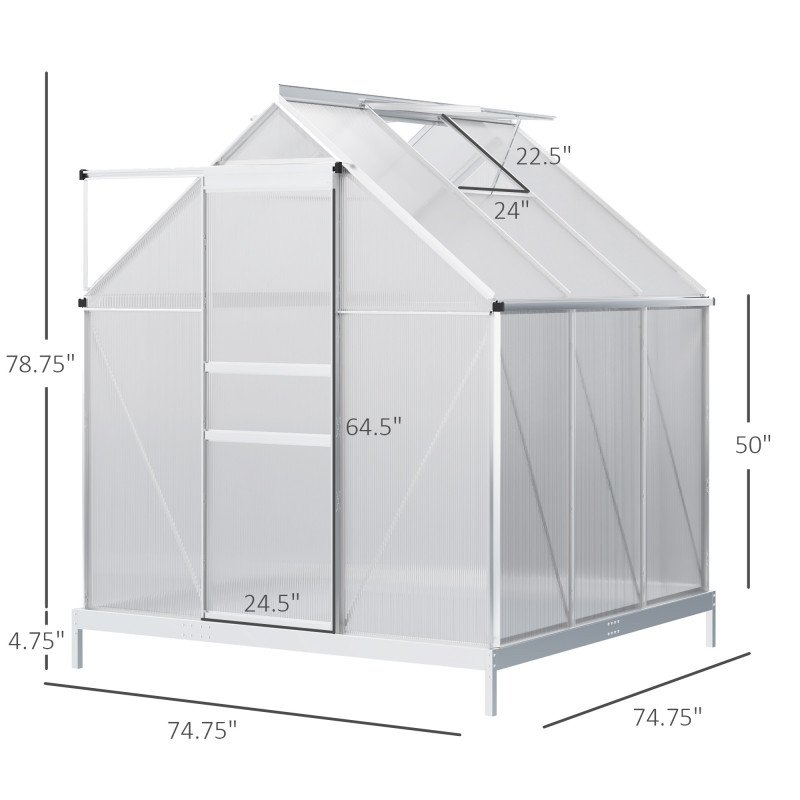 6' x 6' x 6.5' Polycarbonate Greenhouse, Walk-in Green House with Adjustable Roof Vent, Galvanized Base, Sliding Door and Rain Gutter for Outdoor, Garden, Backyard, Clear
