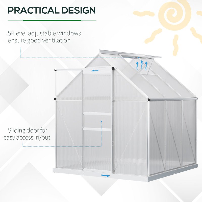 6' x 6' x 6.5' Polycarbonate Greenhouse, Walk-in Green House with Adjustable Roof Vent, Galvanized Base, Sliding Door and Rain Gutter for Outdoor, Garden, Backyard, Clear