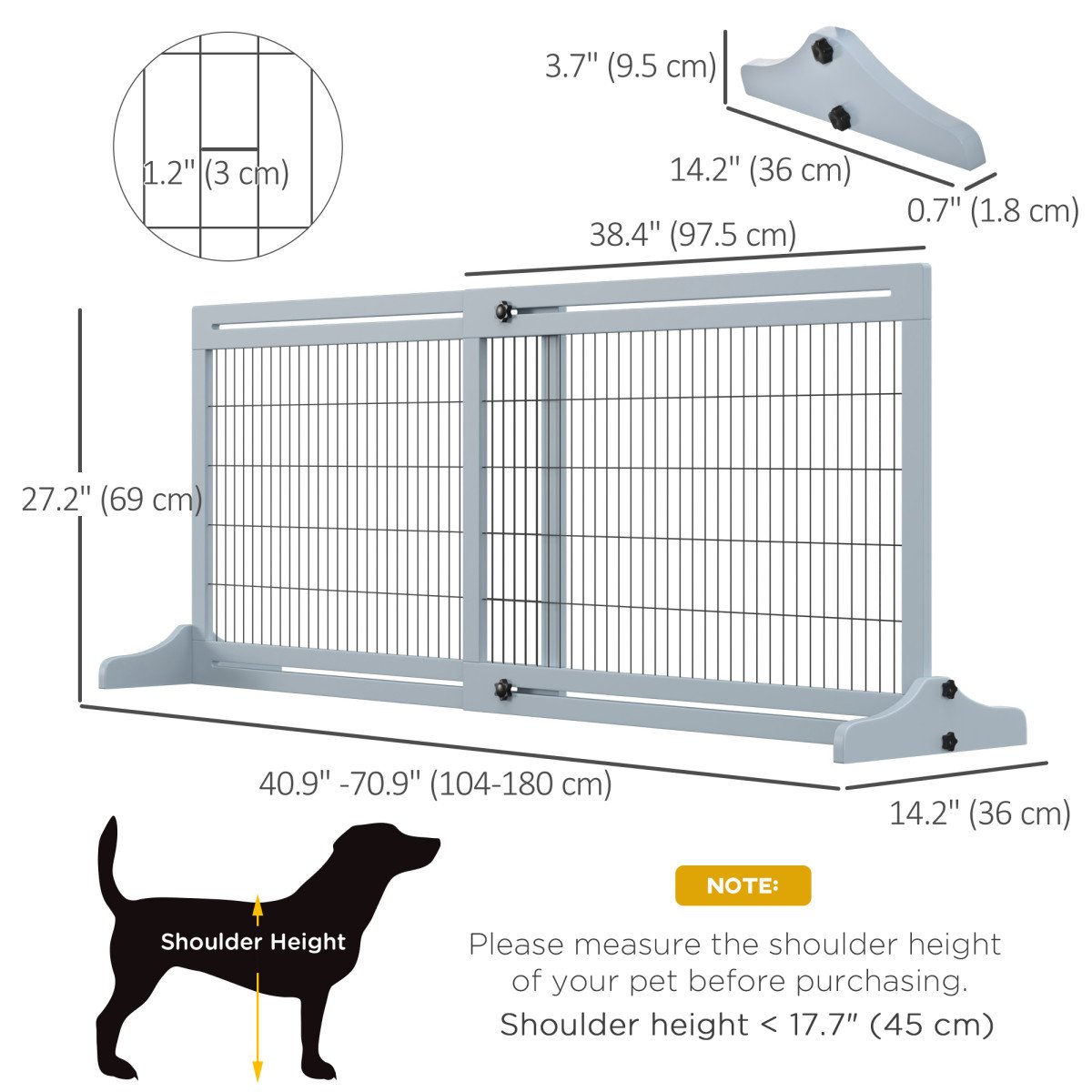 41"-71" Wooden Freestanding Pet Gate with Support Feet, for Small Medium Dogs, Grey-Blue