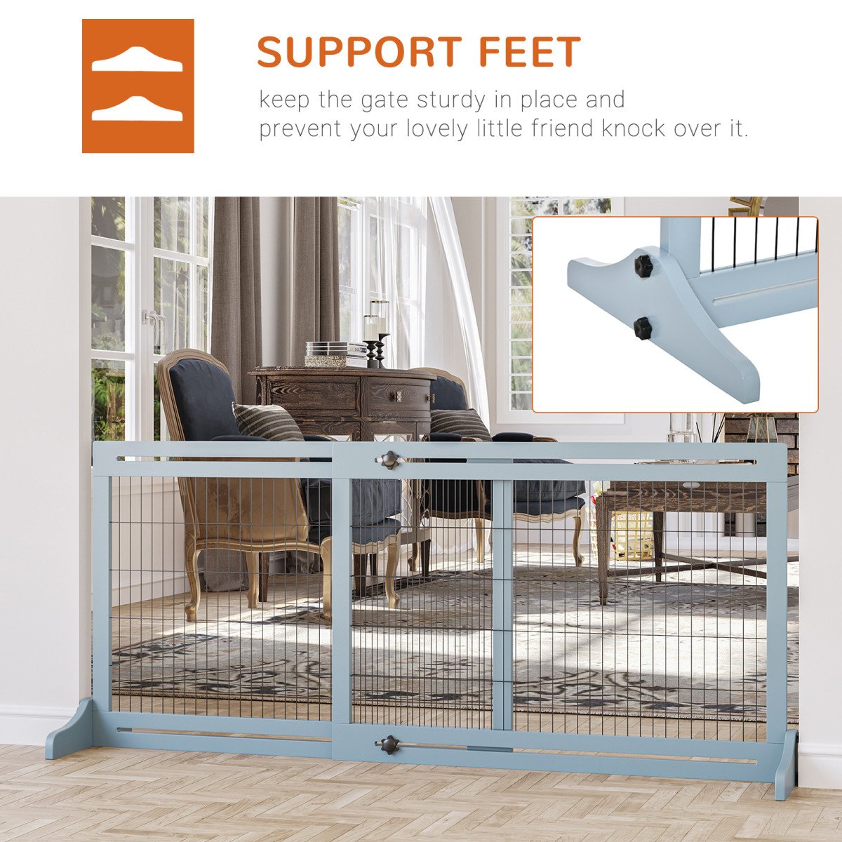 41"-71" Wooden Freestanding Pet Gate with Support Feet, for Small Medium Dogs, Grey-Blue