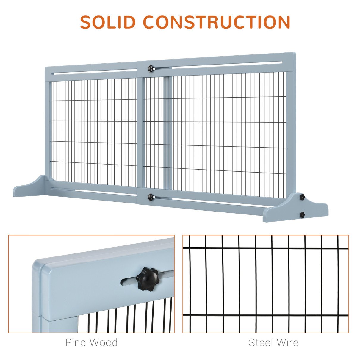 41"-71" Wooden Freestanding Pet Gate with Support Feet, for Small Medium Dogs, Grey-Blue