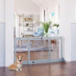41"-71" Wooden Freestanding Pet Gate with Support Feet, for Small Medium Dogs, Grey-Blue