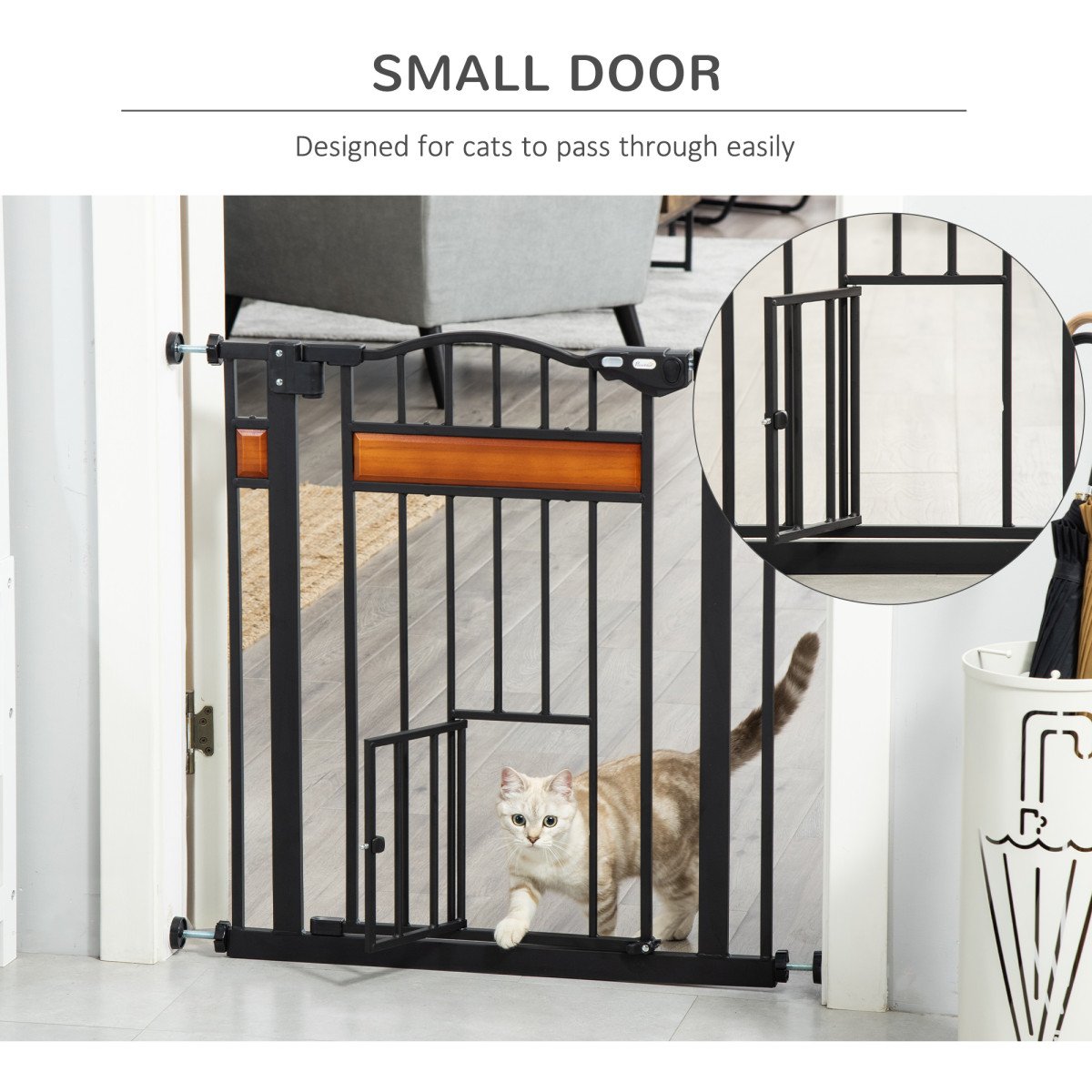 29.1''-31.5'' Extra Wide Dog Gate with Cat Door, 30"H Stair Gate with Extension, Wall Cups, Pressure Fit, Auto Close, Double Locking, for Doorways, Hallways, Stairs, Black