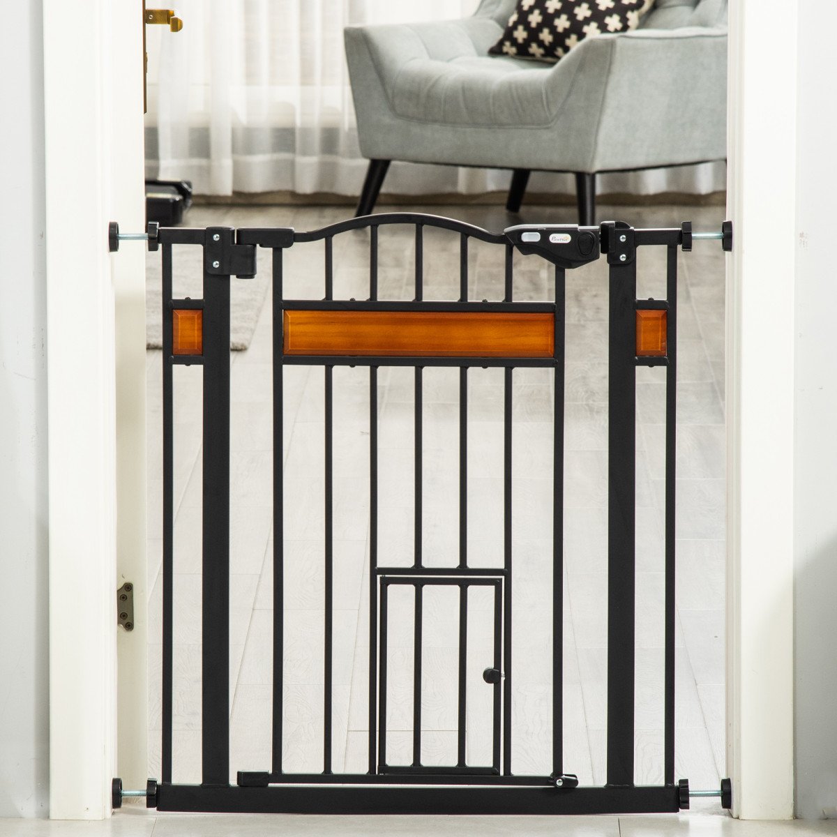 29.1''-31.5'' Extra Wide Dog Gate with Cat Door, 30"H Stair Gate with Extension, Wall Cups, Pressure Fit, Auto Close, Double Locking, for Doorways, Hallways, Stairs, Black