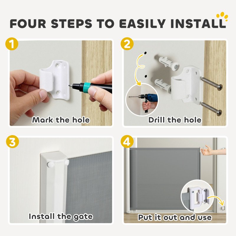 Retractable Pet Safety Barrier Gate, Flexible and Extensible for Stairways Doorways Hallways, Grey