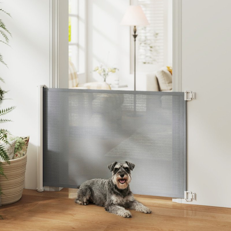 Retractable Pet Safety Barrier Gate, Flexible and Extensible for Stairways Doorways Hallways, Grey