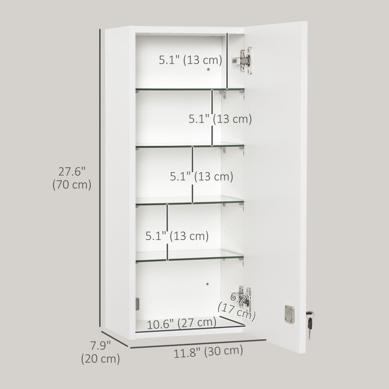 Wall Mount Medicine Cabinet, 5-tier Lockable Bathroom Cabinet with 2 Keys and Adjustable Shelves, White