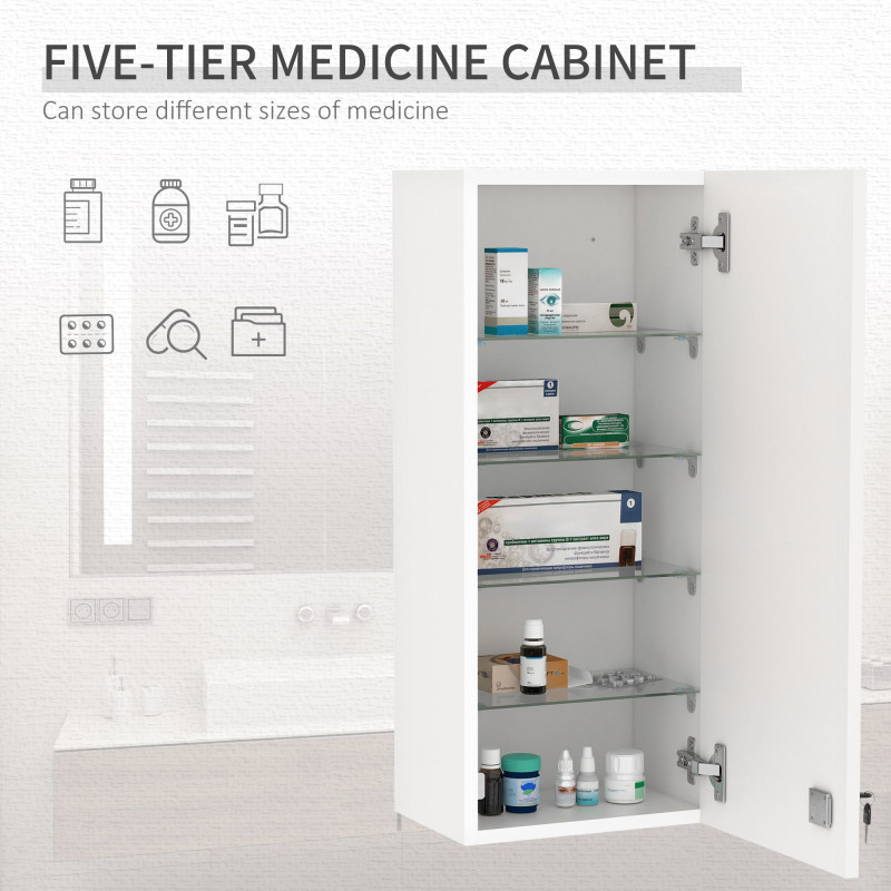 Wall Mount Medicine Cabinet, 5-tier Lockable Bathroom Cabinet with 2 Keys and Adjustable Shelves, White