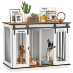 47in Dog Crate Furniture with Divider Panel, Wooden Dog Kennel TV Stand for Large Breeds, Pet House Side Table for 2 Small Breeds with 2 Rooms Design, 2 Sliding Doors, White