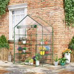 56" x 29" x 77" Walk-in Greenhouse, Mini Greenhouse with 4 Shelves, Roll-Up Door and Weatherized Cover, Clear